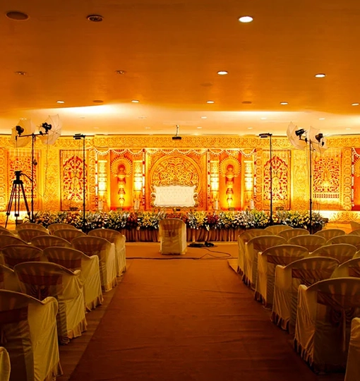Traditional mandapam ritual wedding decoration with elegant flowers, fabrics and cultural design elements