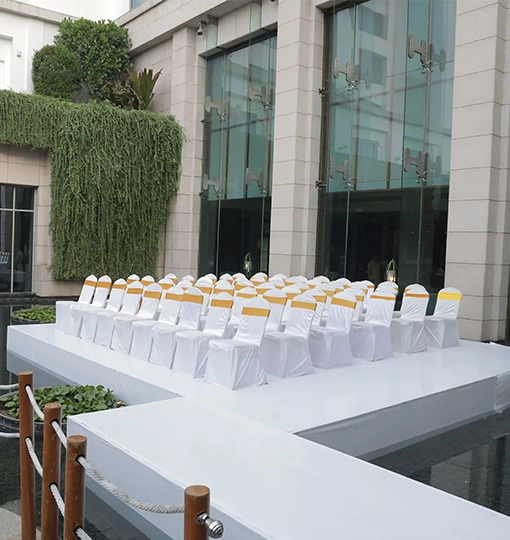 Beautiful wedding seating decoration with elegant arrangements creating a comfortable guest seating area