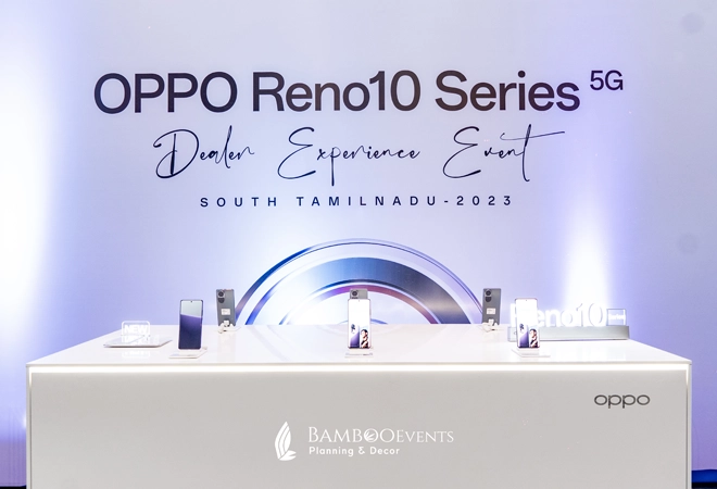 Elite corporate launch setup highlighting interactive brand experience areas for the tech firm OPPO.