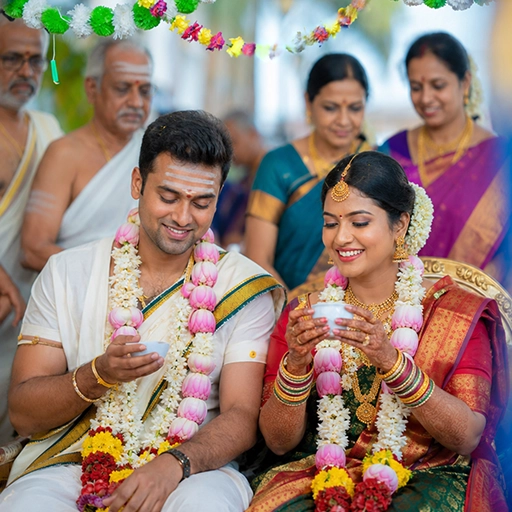 Traditional Brahmin wedding arrangements with ritual setup and elegant decorations