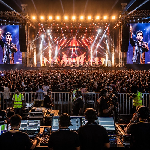 Celebrity music concert planning with artist booking, stage production and audience management.