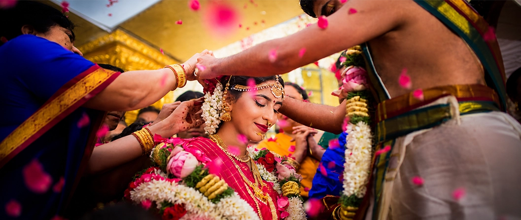 Sacred Brahmin wedding ceremony with traditional decorations and beautifully arranged ceremonial space.