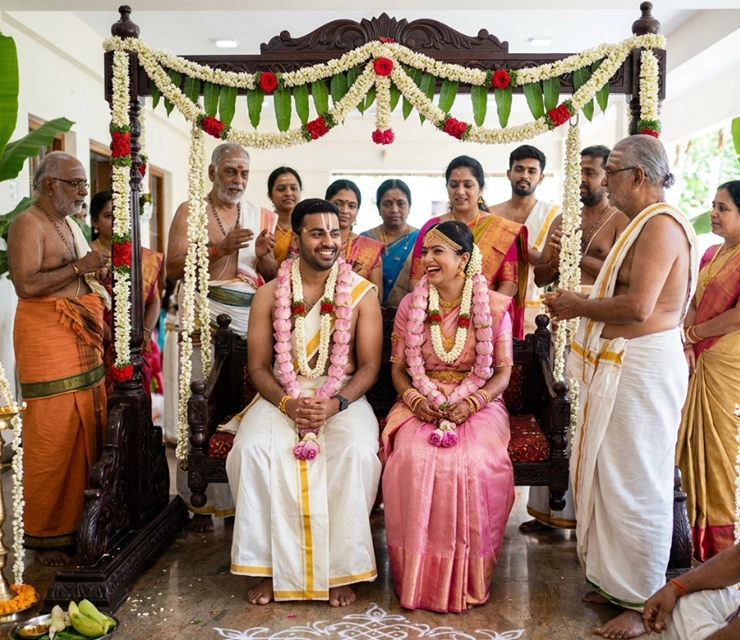 Beautiful Oonjal ceremony setup featuring a decorated swing with floral arrangements for wedding rituals.