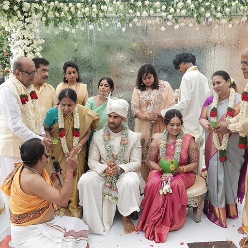 Family pre-wedding celebration with traditional customs, decorations and event arrangements in Erode