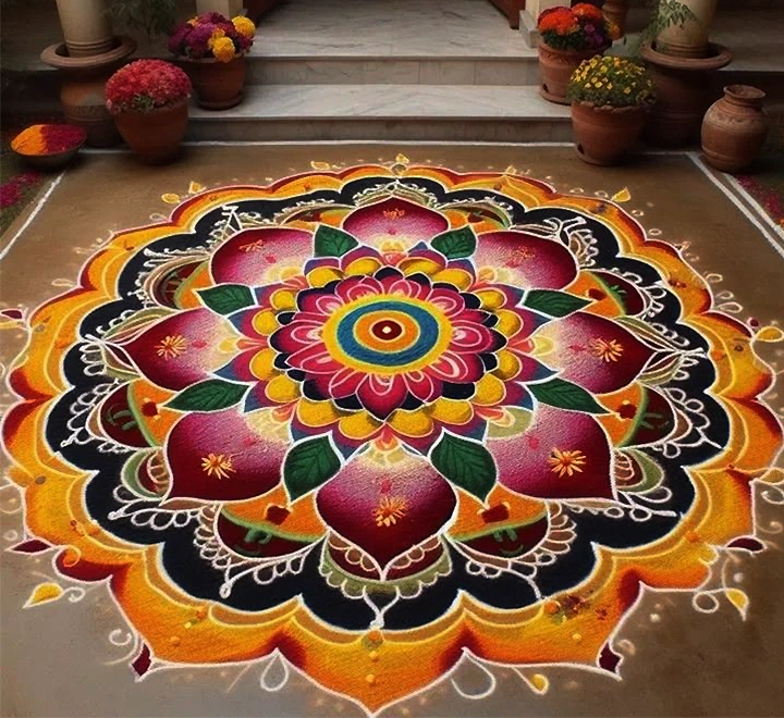 Beautiful handmade kolam art decorating the wedding entrance with traditional cultural patterns and designs.