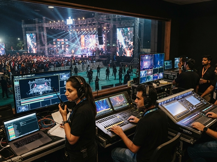 Live event production with stage setup, lighting, audio systems and technical event management.