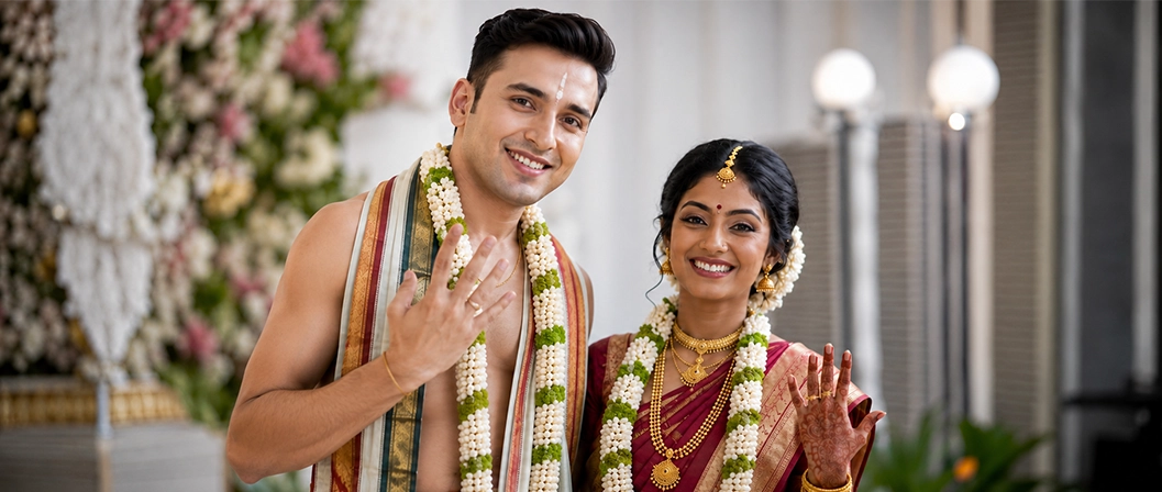 Beautiful engagement ceremony setup with elegant décor for a traditional Nischayathartham celebration.