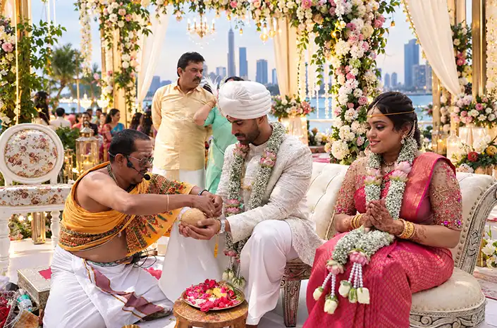 North Indian marriage celebration with traditional decor, ceremony setup and wedding arrangements
