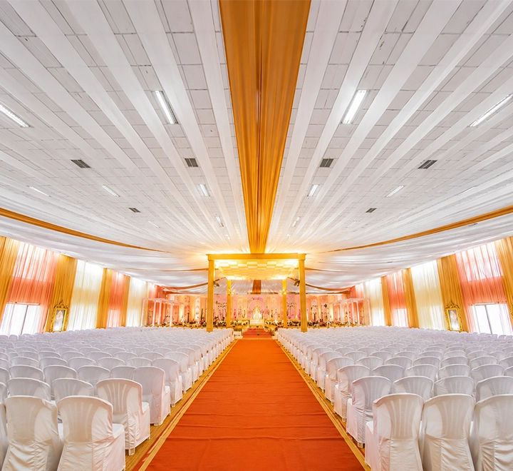 Comfortable and well-organized guest seating arrangement for traditional Brahmin wedding ceremonies.