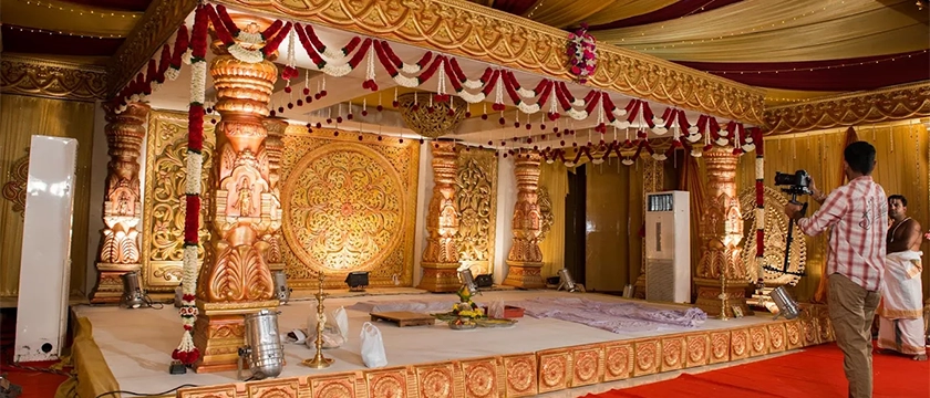 Traditional temple wedding ceremony with cultural rituals, decorations and family arrangements in Erode