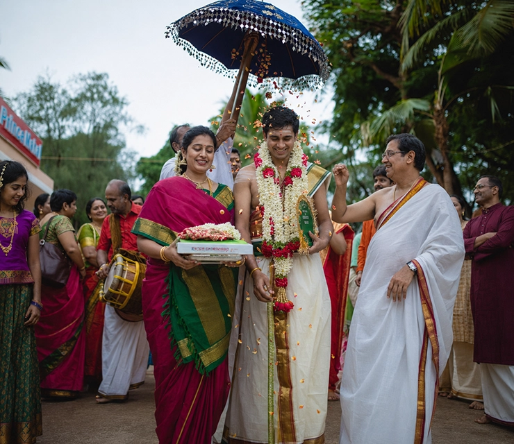 Traditional Kaasi Yatra ceremony with ceremonial props and cultural arrangements for Brahmin weddings.